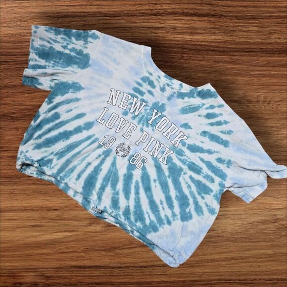 Vintage Victoria's Secret PINK Blue Tie-Dye Cropped Shirt - Picture 3 of 4